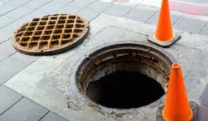 A manhole surrounded by orange cones in a busy city.