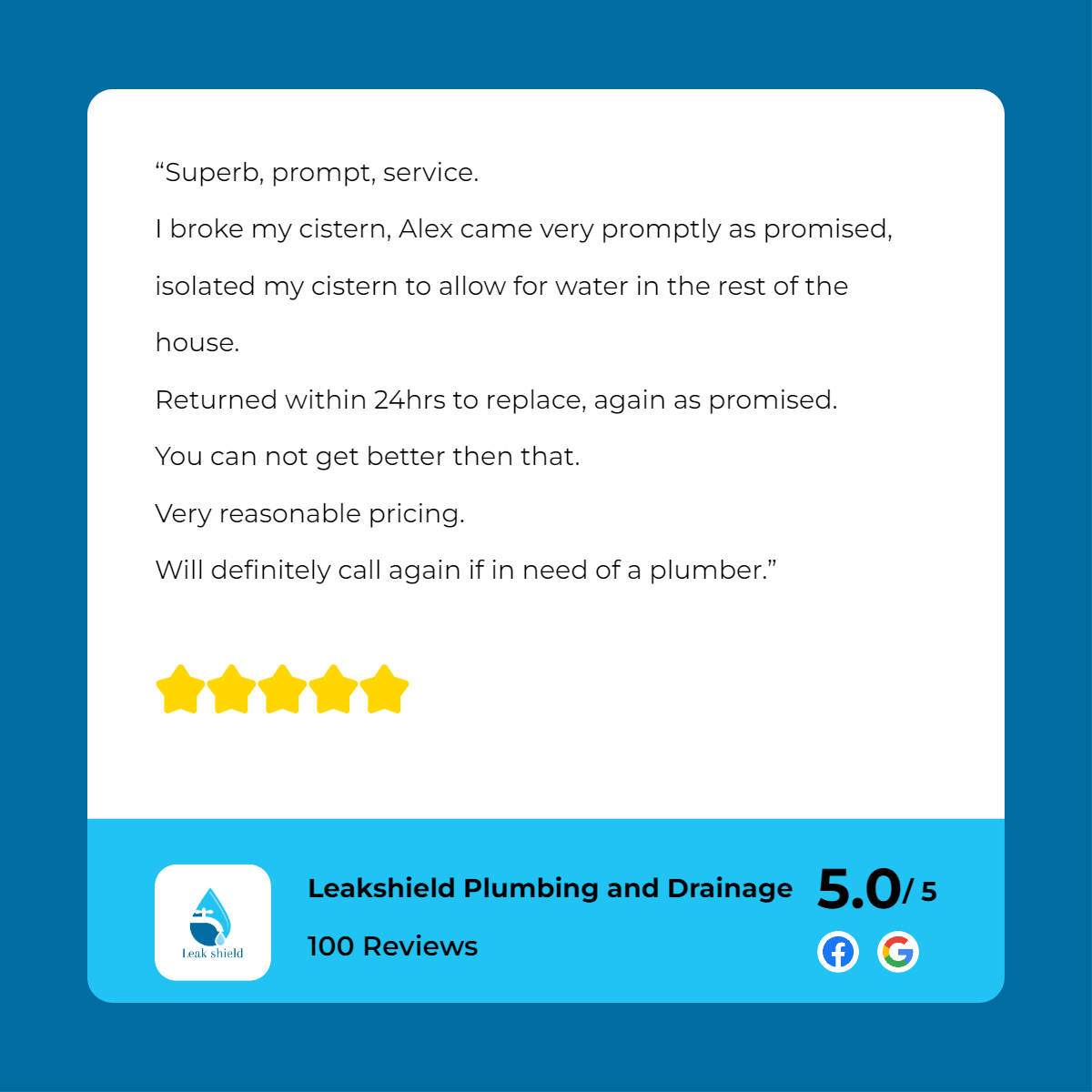 A customer review for leeds plumbing and catagory.