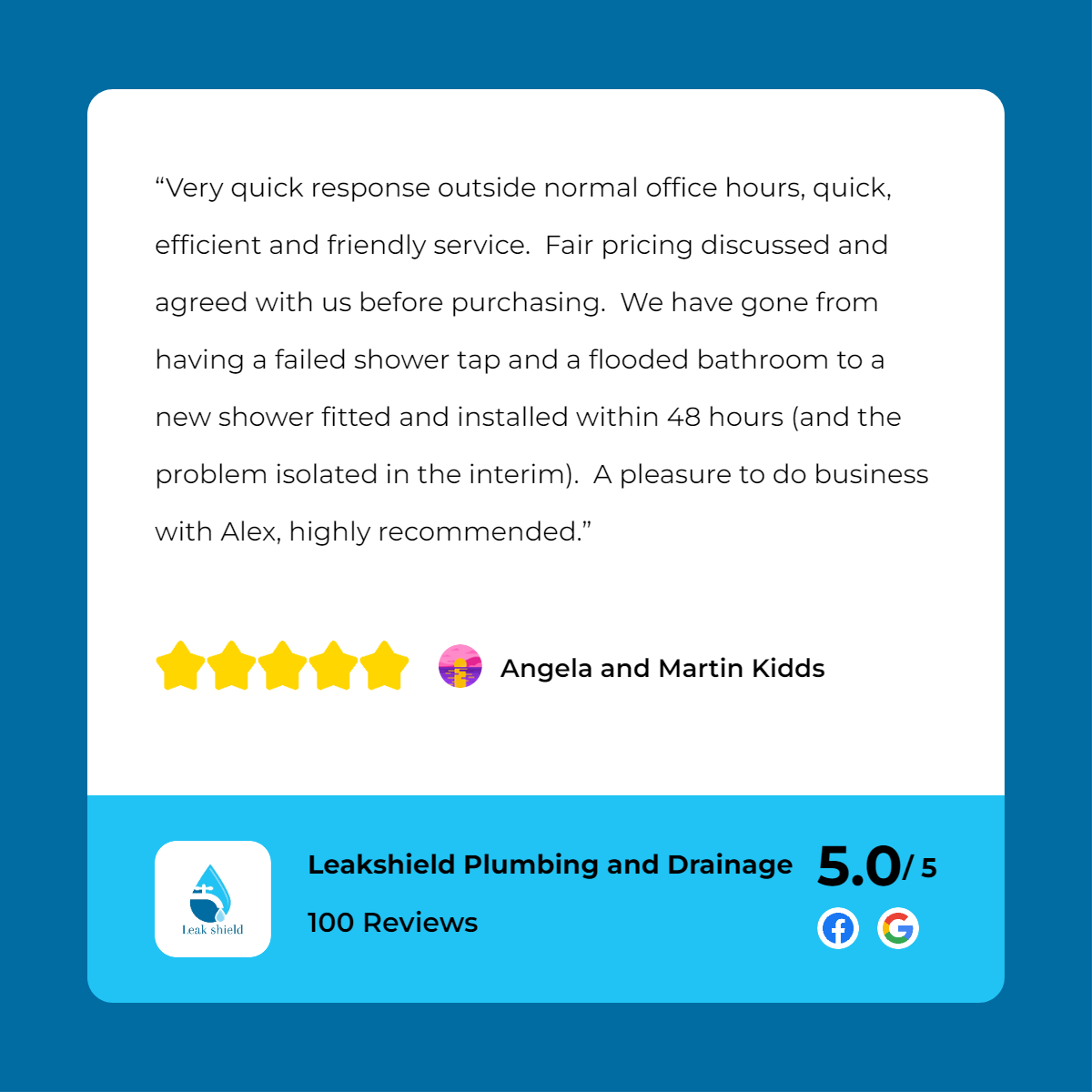 A customer review for a plumbing company with a five star rating.