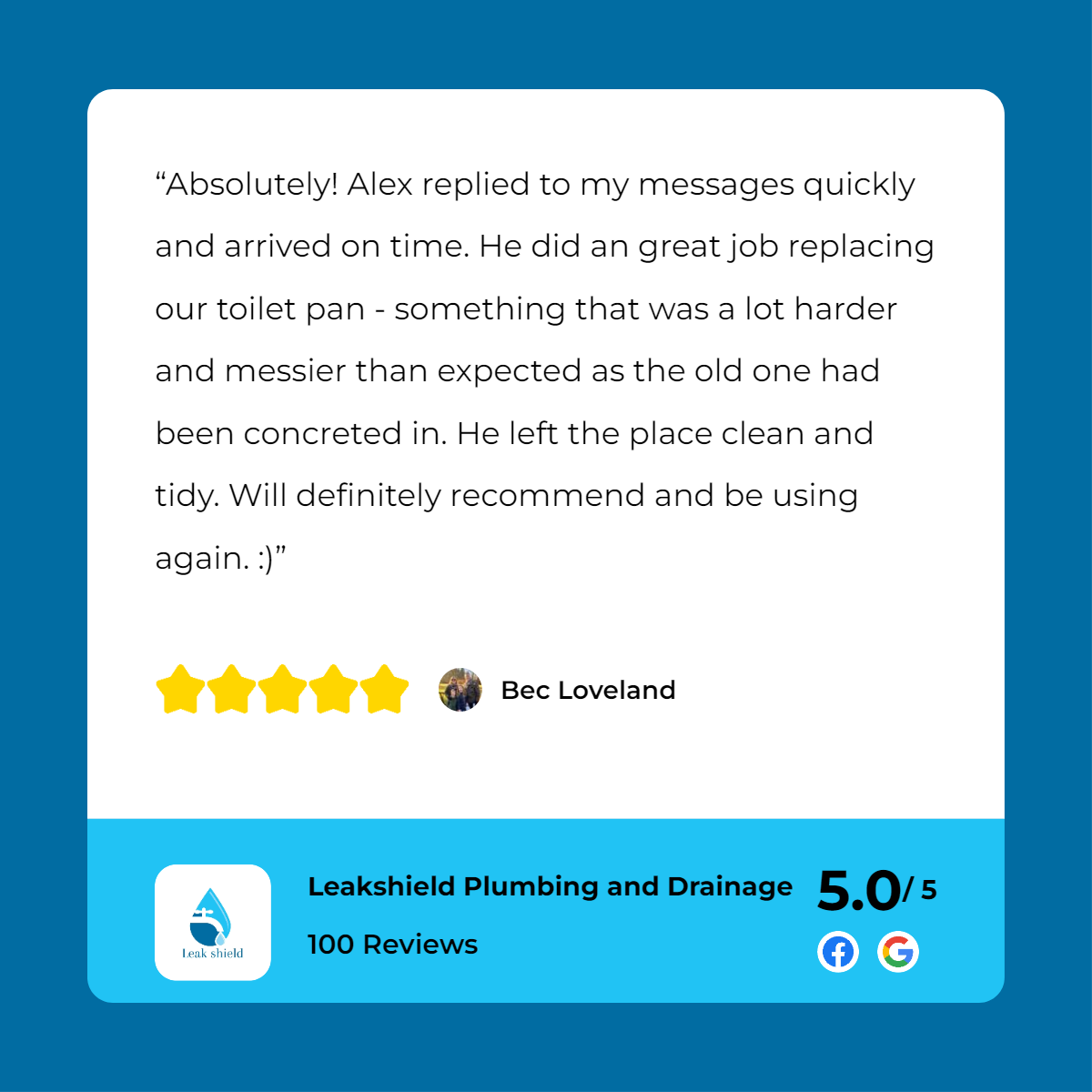 A customer review for leahd plumbing and drain cleaning.