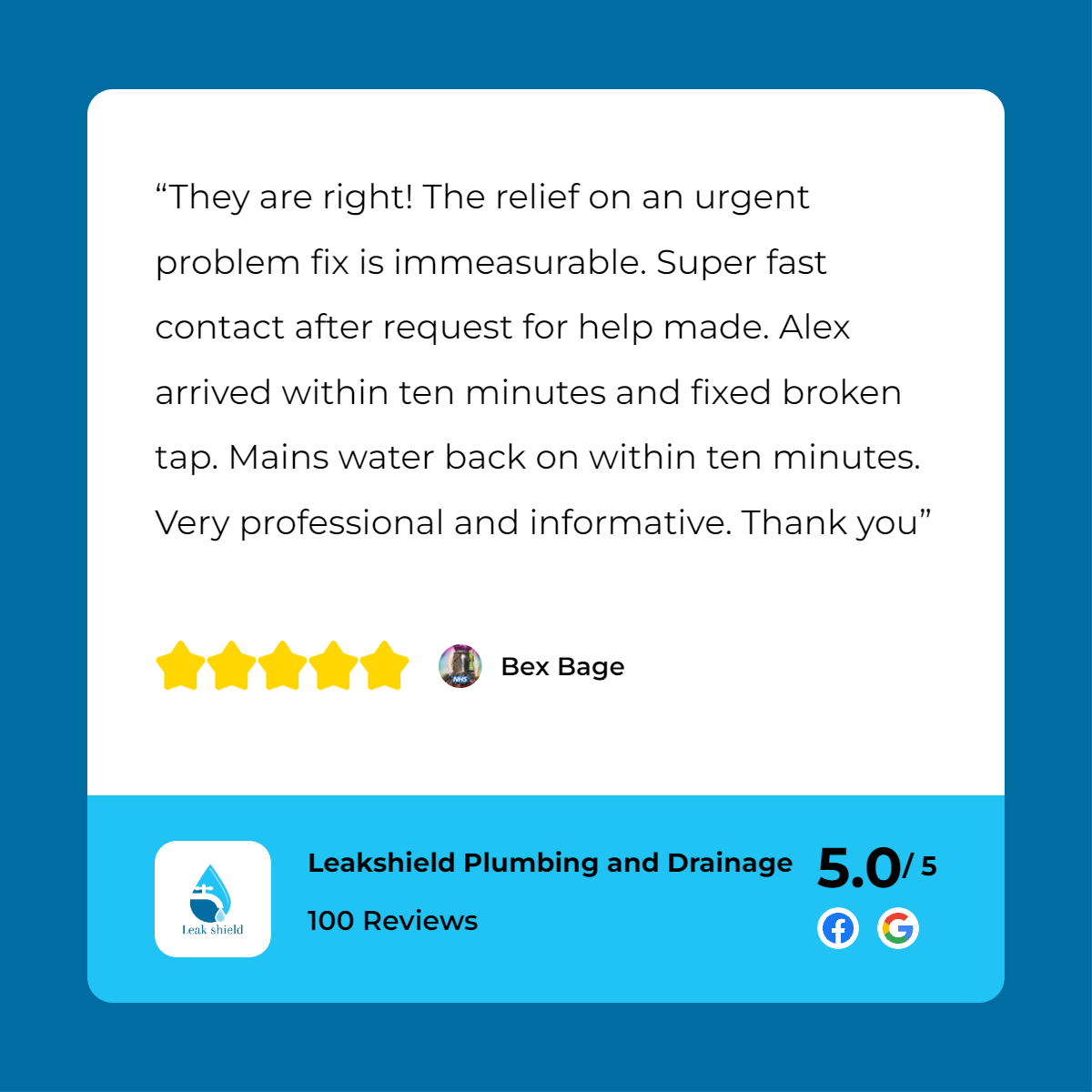 A review of a plumbing company with a star rating.