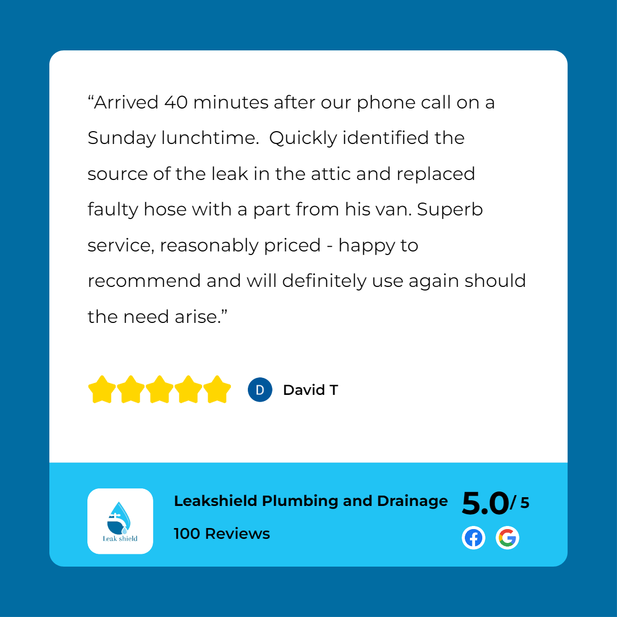 A customer review for a plumbing company.