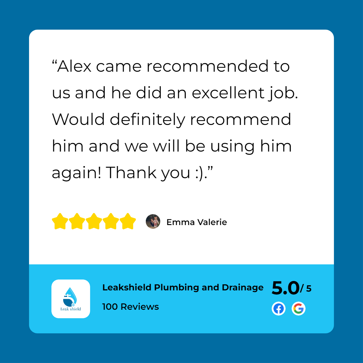 A customer review for alex plumbing.