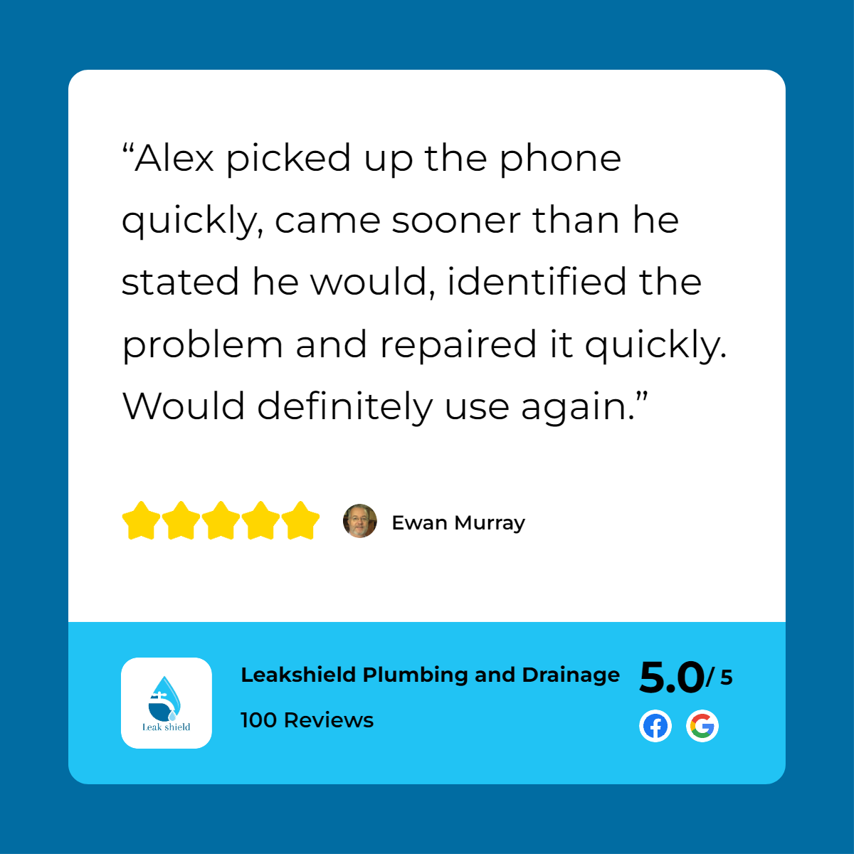 Leeds plumbing review - alex picked up the phone quickly came scanner he stated he would be repaired quickly.