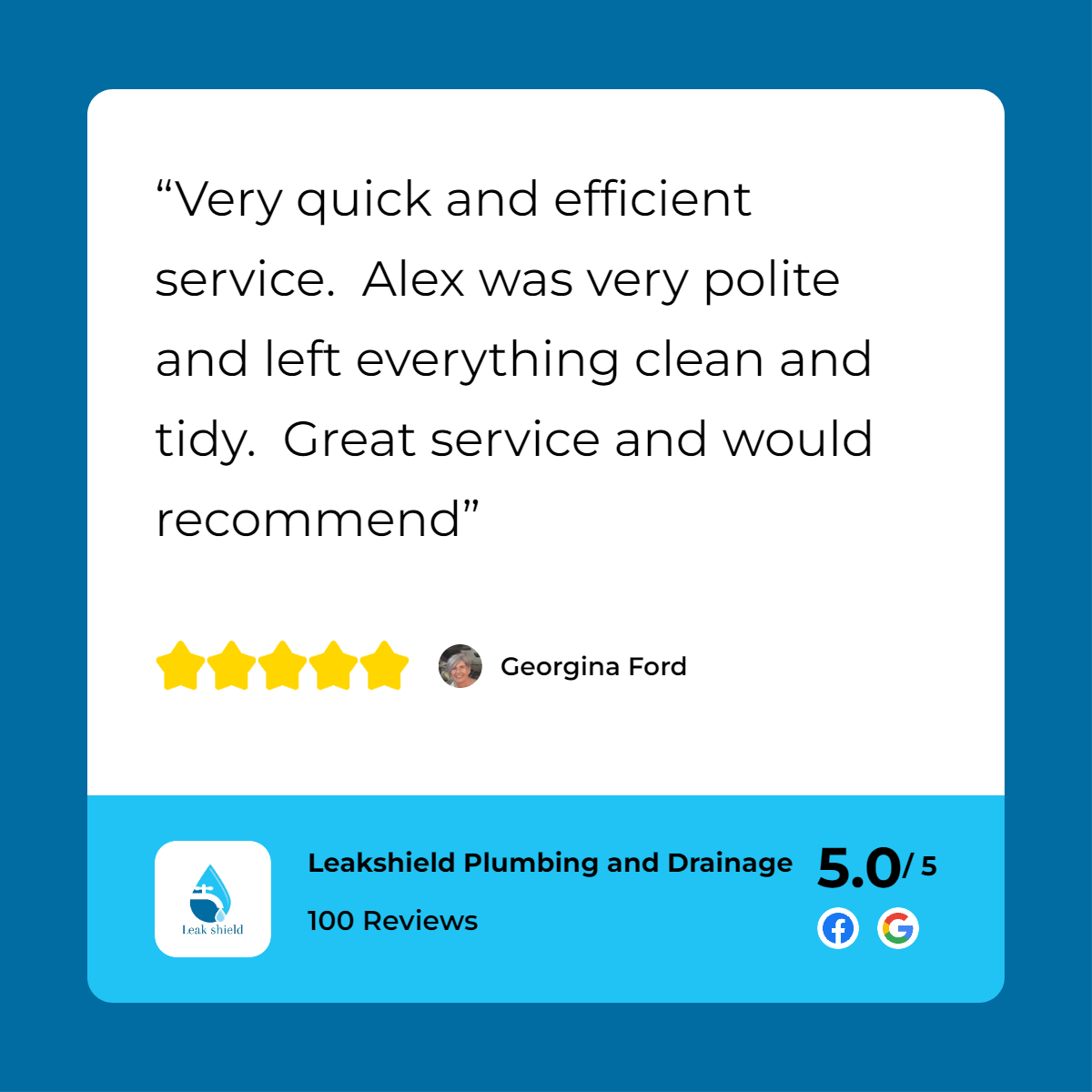 A customer review for leekhead plumbing and drains.