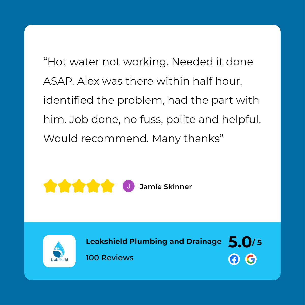 A customer review of a plumber with a star rating.
