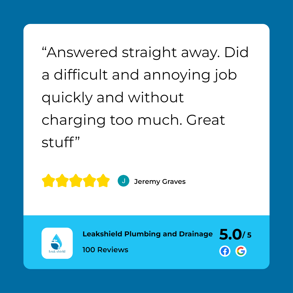 A customer review for leah plumbing.