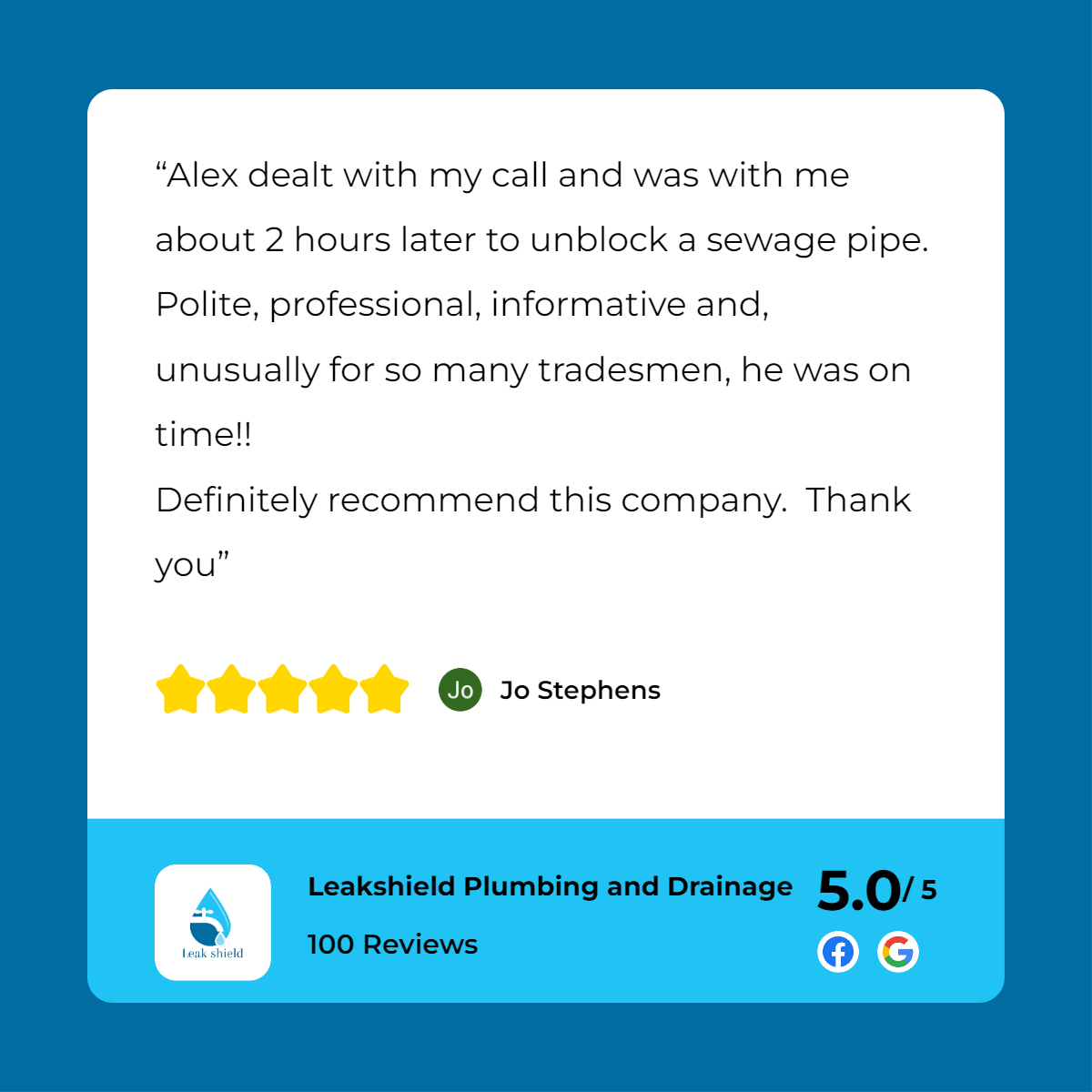 A customer review for leahy plumbing and drain cleaning.