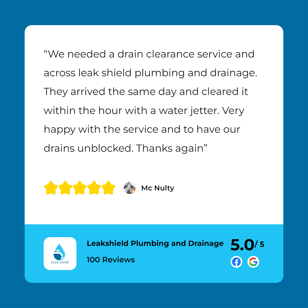 A customer review of a plumbing company with a five star rating.