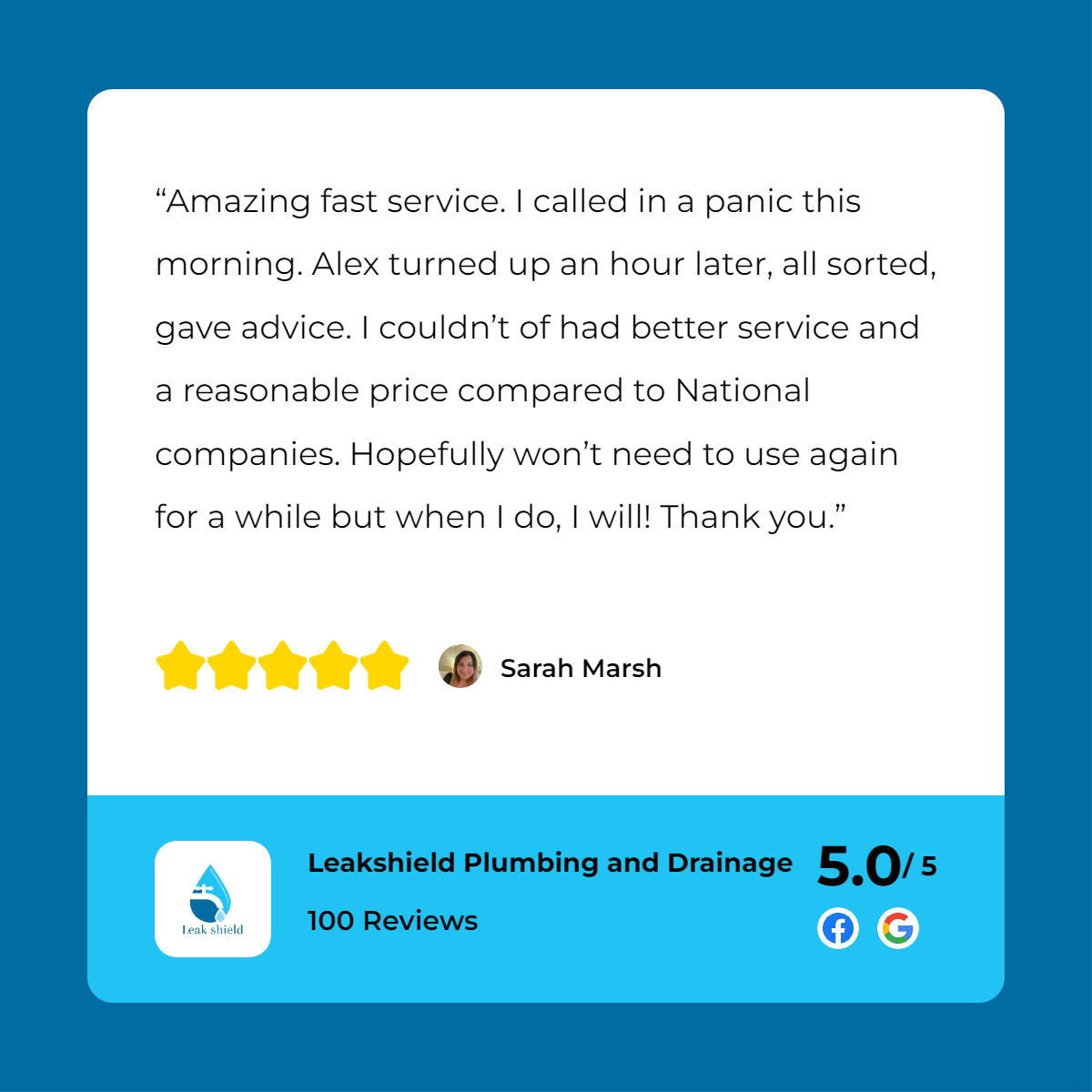 A customer review for leahd plumbing and service.