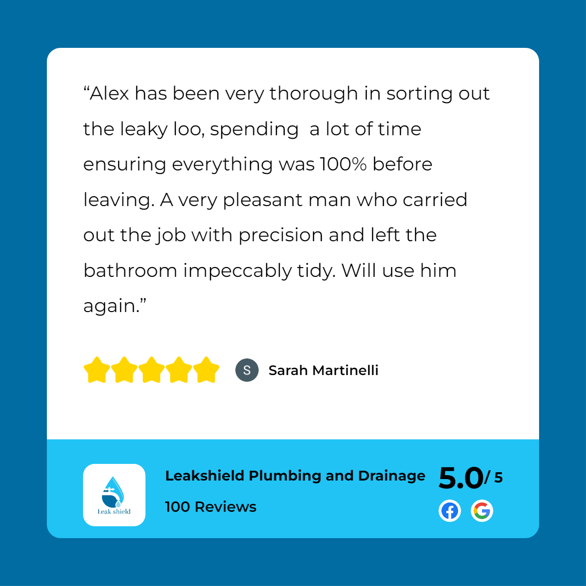 A bathroom with a star rating and a customer review.