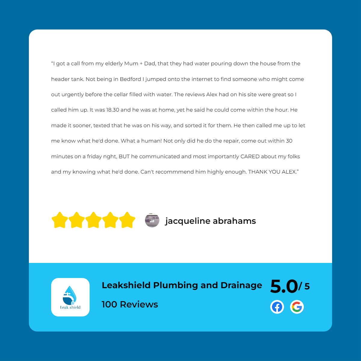 A customer review for a plumbing and drainage company.