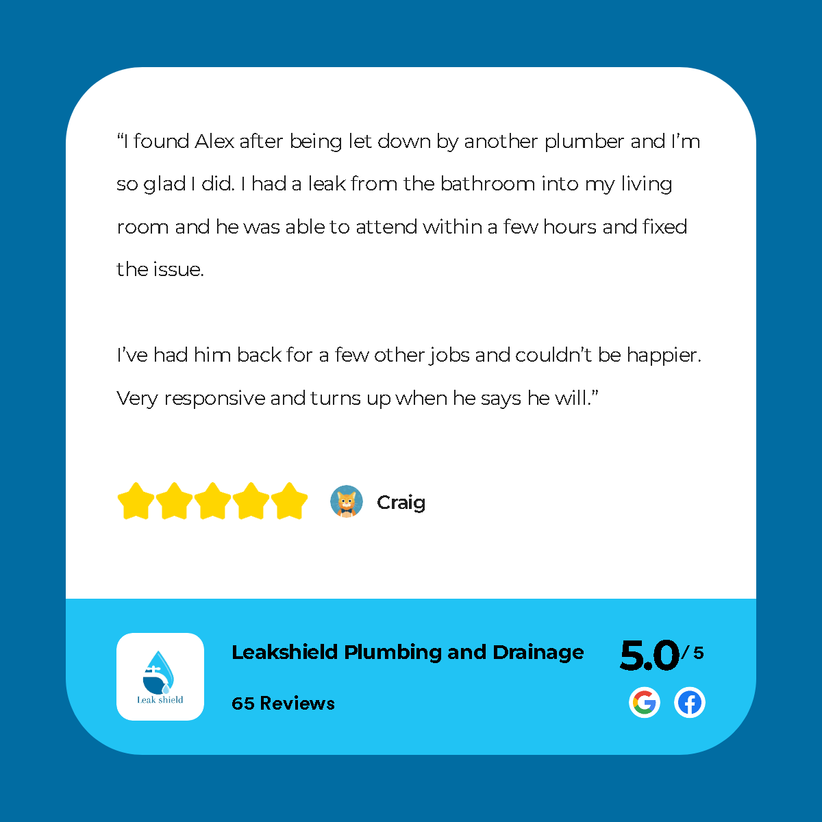 A customer review for leahfid plumbing and drains.